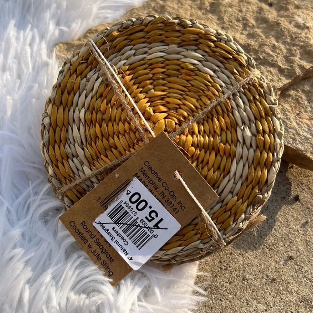 🩶5/$30 Round Seagrass Coasters Set of 4 Golden Yellow & Tan NEW